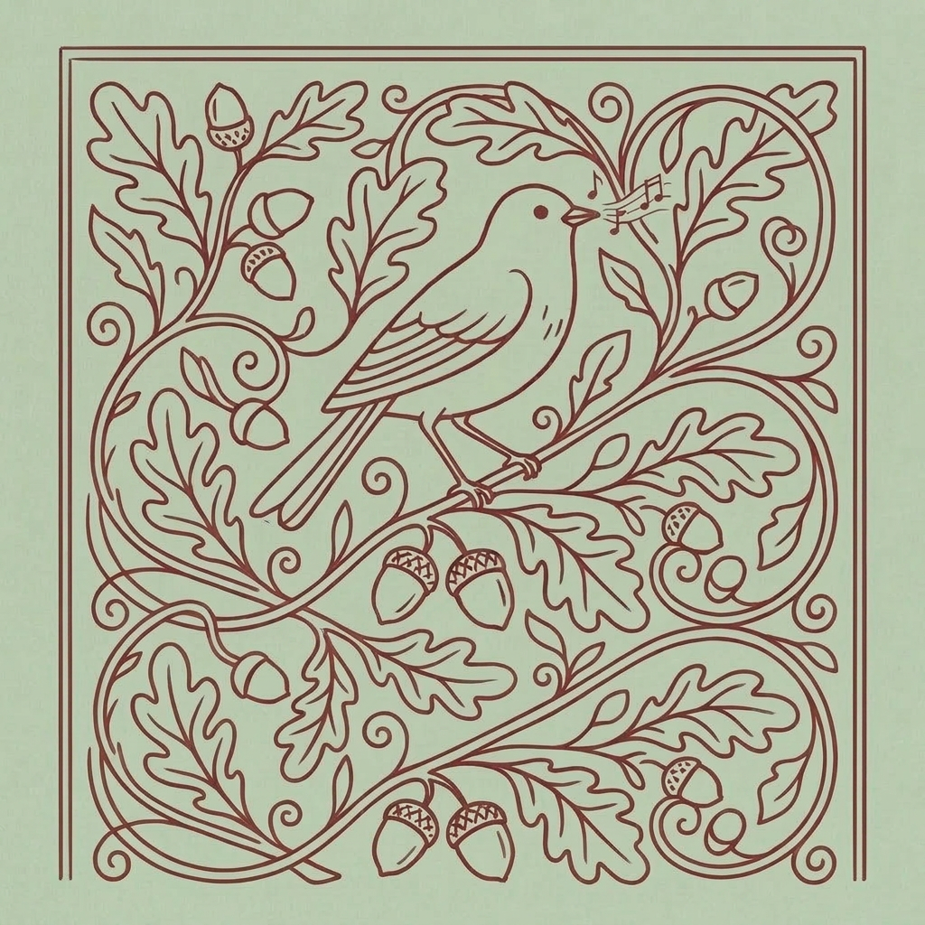 Black line drawing of a bird sitting on a branch with oak leaves and acorns, minimalist style