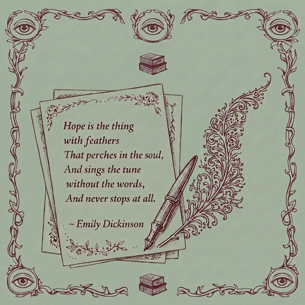 Illustration of ornate handwritten letter with pen and an open book titled 'The Blue Cadence' by P&C